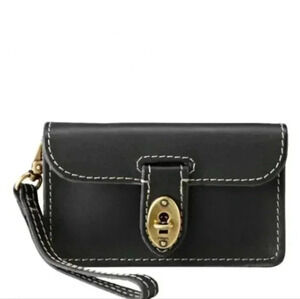 Fossil Austin Wristlet Purse Turn Lock Leather Black Brass Unisex Women One Size